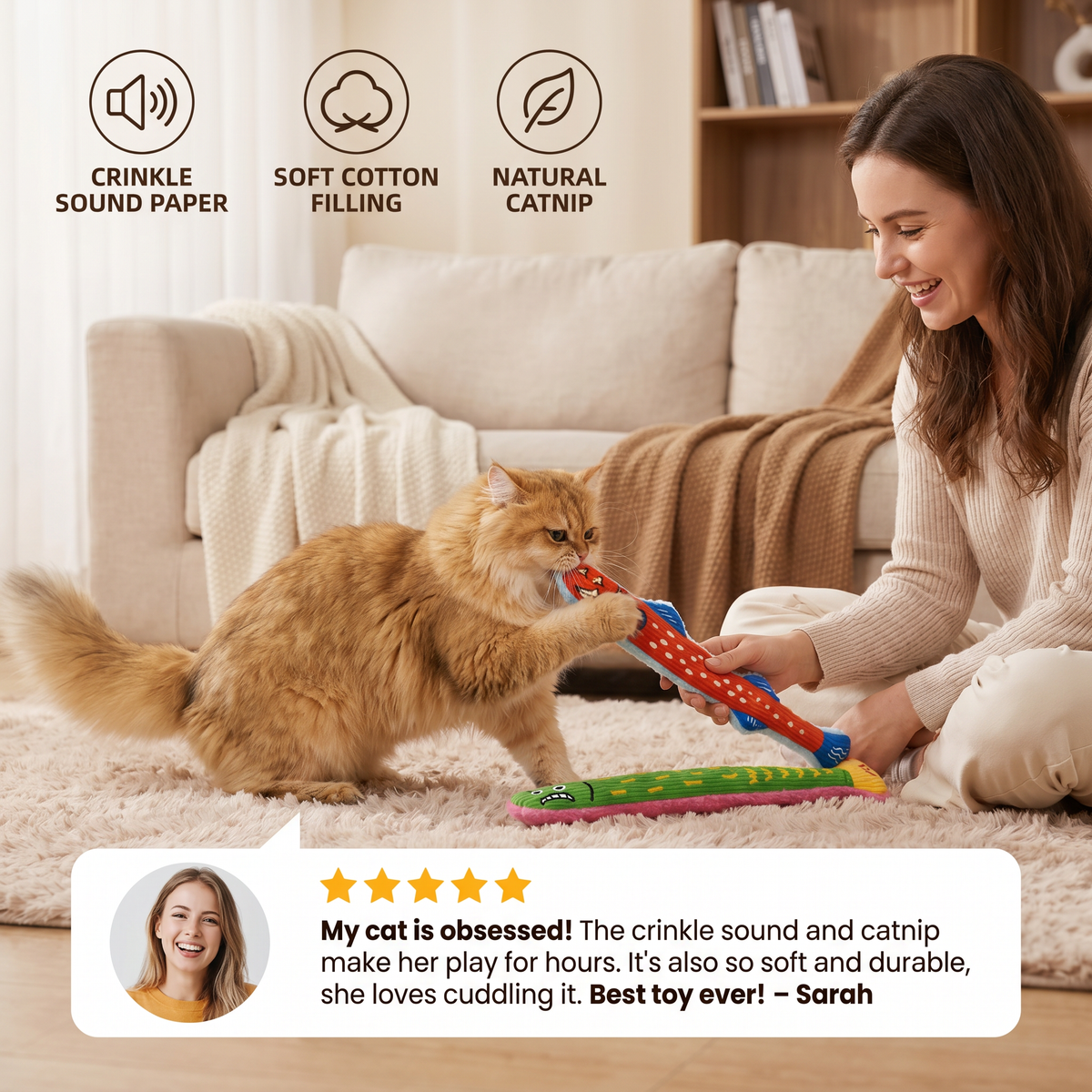 Catnip Crinkle Kicker Toy – Plush Cat Kick & Cuddle Toy – cat product view 2