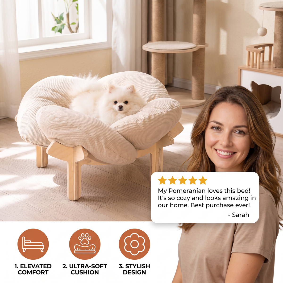 Elevated Wooden Flower Pet Bed with Plush Cushion – cat product view 2