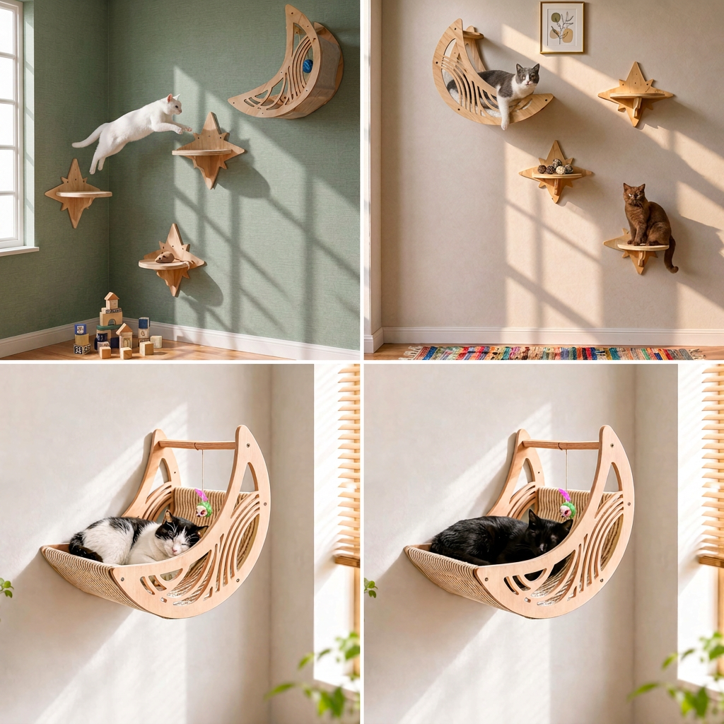 Modern Wooden Moon & Star Wall-Mounted Cat Climbing Shelves & Bed Set – cat product view 4