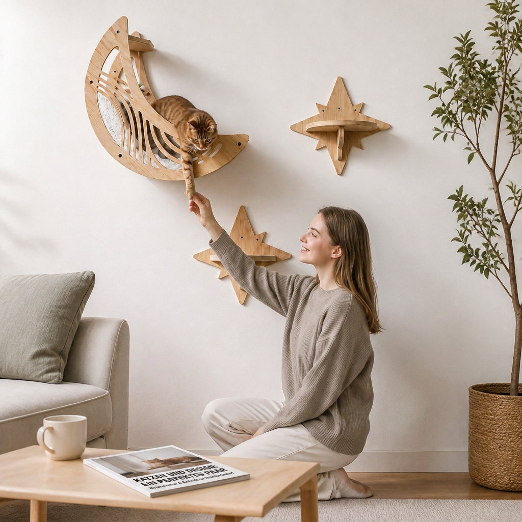 Modern Wooden Moon & Star Wall-Mounted Cat Climbing Shelves & Bed Set – cat product view 1