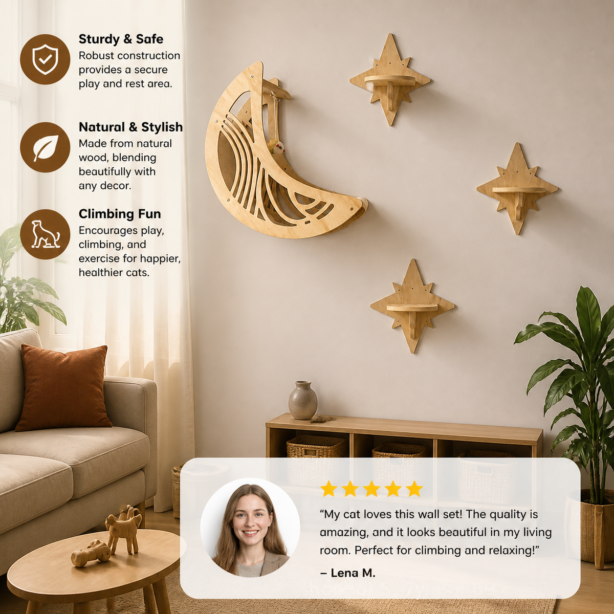 Modern Wooden Moon & Star Wall-Mounted Cat Climbing Shelves & Bed Set – cat product view 2