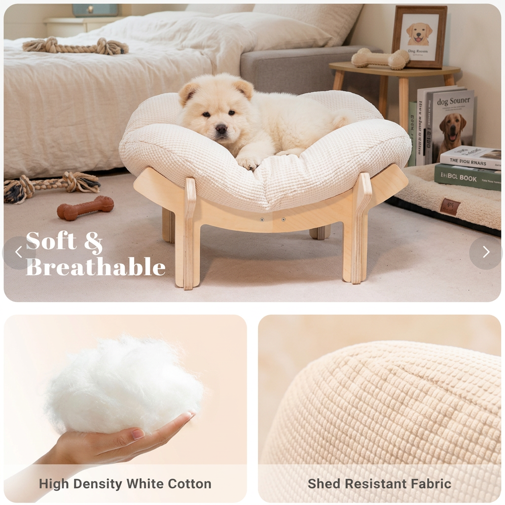 Elevated Wooden Flower Pet Bed with Plush Cushion – cat product view 3