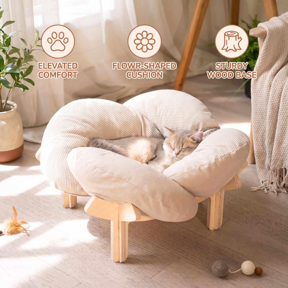 Elevated Wooden Flower Pet Bed with Plush Cushion – cat product view 4