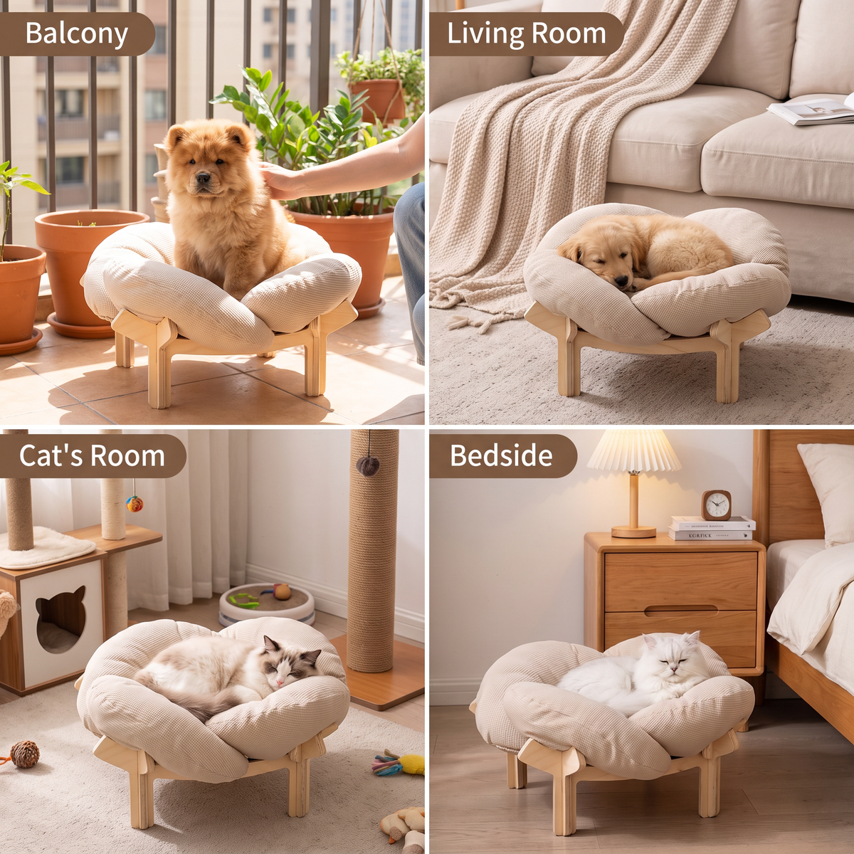 Elevated Wooden Flower Pet Bed with Plush Cushion – cat product view 5