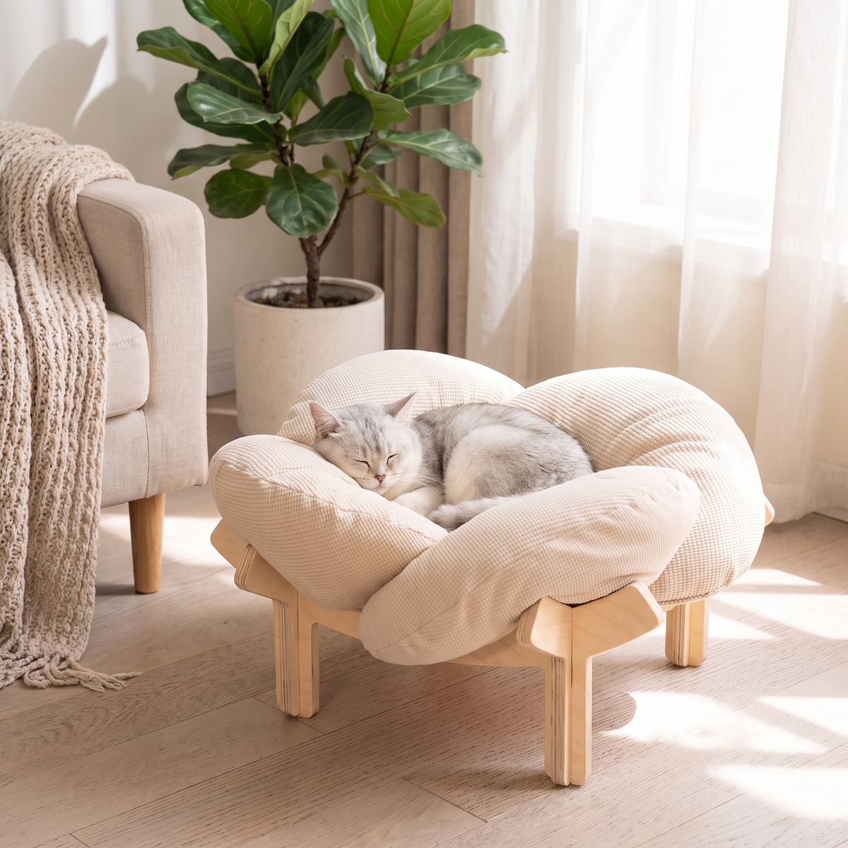 Elevated Wooden Flower Pet Bed with Plush Cushion – cat product view 1